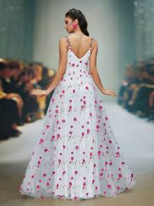 Vestido de novia nuevo de Anpoket con escote en V, deslizante y delicado, con bordado de encaje floral 3D, con cordón de atar y abertura alta en la línea A