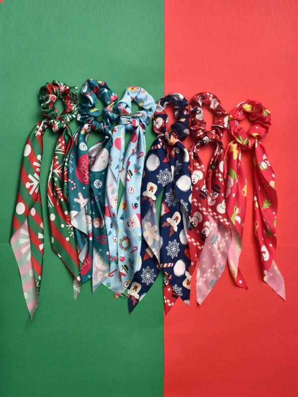 6pcs/Set Christmas Hair Scrunchies With Ribbons, Cute Printed Design Hair Ties, Elastic Hair Bands For Girls Ponytail, Perfect Gift For Christmas