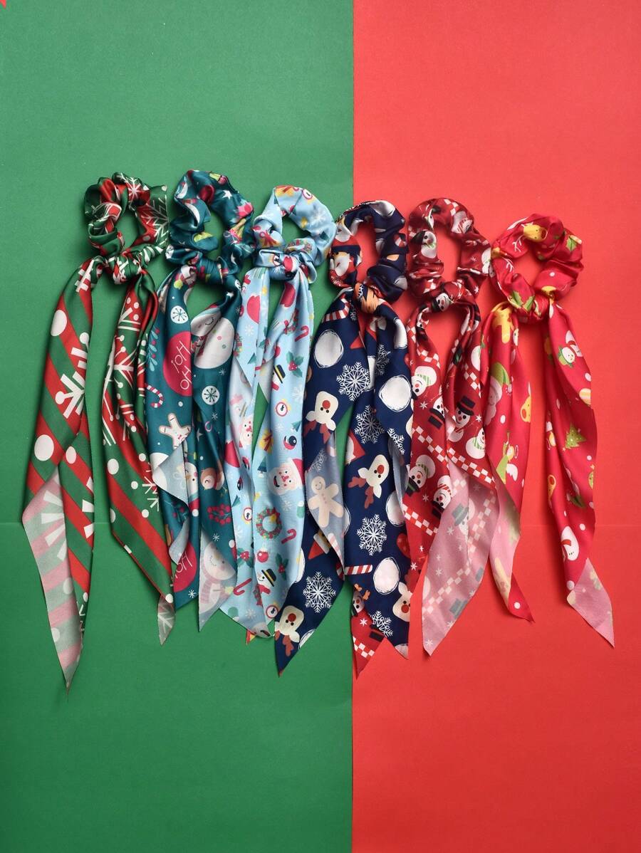 6 cái/bộ dây buộc tóc Giáng sinh có ruy băng, dây buộc tóc in họa tiết dễ thương, dây buộc tóc chun buộc tóc đuôi ngựa cho bé gái, món quà hoàn hảo cho Giáng sinh - Nhiều màu - Xem 1