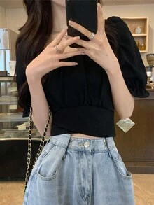 Áo sơ mi lửng tay phồng màu trơn dáng rộng mùa hè màu đen - màu đen - Xem 6