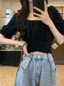 Áo sơ mi lửng tay phồng màu trơn dáng rộng mùa hè màu đen - màu đen - Xem 2