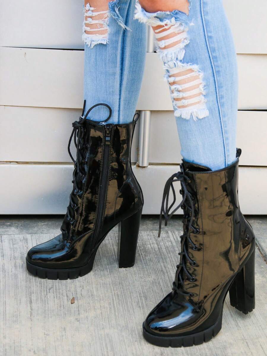 Botín de recubierto, tacón alto de bloque, cuadrado, plataforma, mujer, agujetas, suela track, moda, mujer, cremallera lateral - Negro - Ver 1