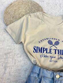 Women's T-Shirt Blouse Short Sleeve 100% Cotton With Print - Màu be - Xem 3