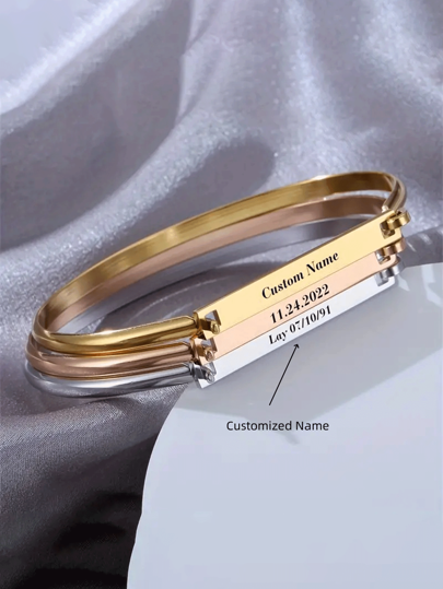 1 Unique Personalized Stainless Steel Cuff Bracelet - Carved Name Jewelry For Men, Families, And Birthday Gifts - Customizable Letter Pendant, Durable, Waterproof, And Hypoallergenic