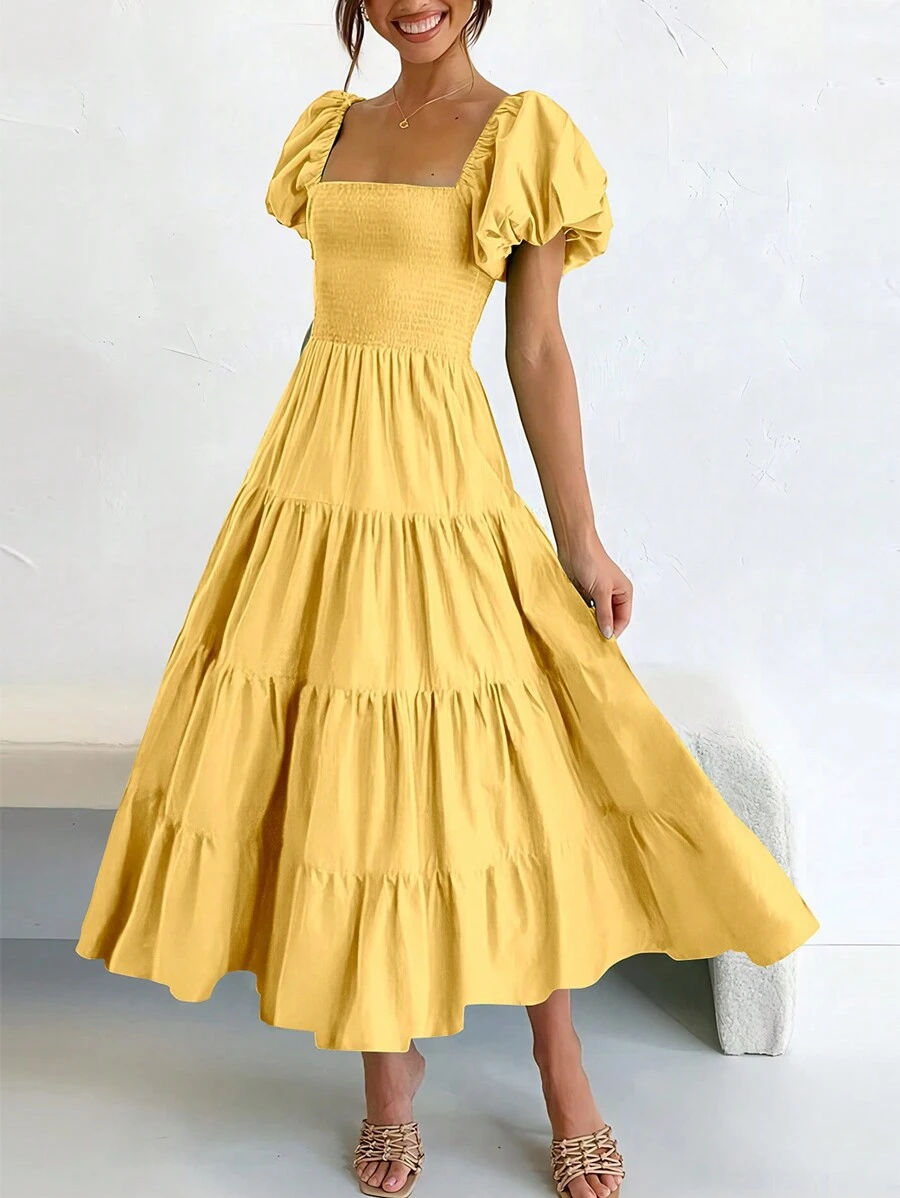 Women's Casual Summer Midi Dress Puffy Short Sleeve Square Neck Smocked Tiered Ruffle Dresses - 黃色 - 查看 1