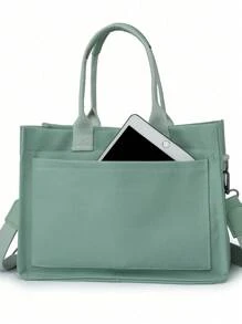 多功能垂直條紋飾斜挎肩背包，女性手提包，大容量多口袋帆布肩背通勤包，輕便休閒手提信差包，學生學校手提電腦包，極簡運動多隔層多袋背包