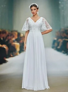 V-Neck Lace Applique Floral Patchwork Chiffon Pleated Wedding Dress,Bride - White - View 6