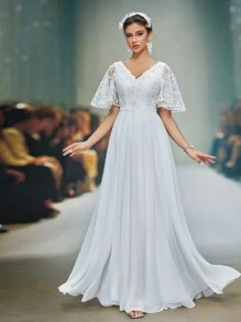 V-Neck Lace Applique Floral Patchwork Chiffon Pleated Wedding Dress,Bride - White - View 2