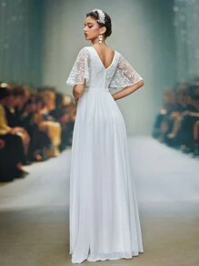 V-Neck Lace Applique Floral Patchwork Chiffon Pleated Wedding Dress,Bride - White - View 3