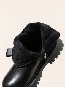 女童黑色 PU 皮革拉链平底靴，带毛皮衬里，儿童简约休闲踝靴，适合冬季
