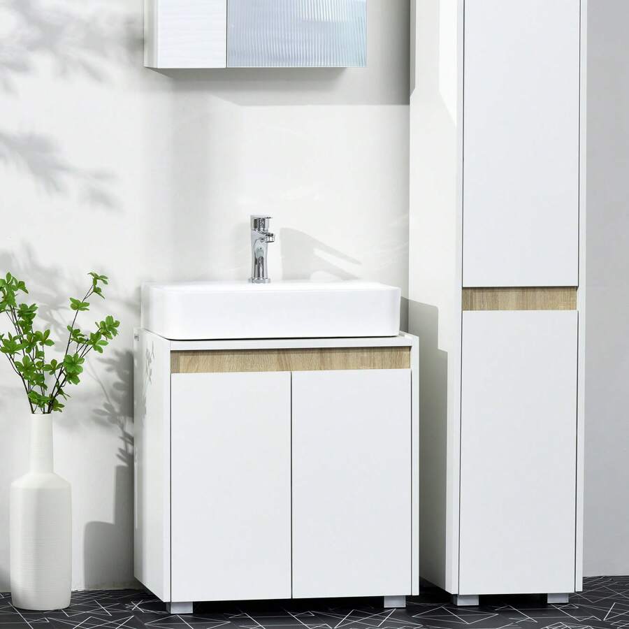 Kleankin Modern Bathroom Sink Cabinet, Floor Standing Under Sink Cabinet, Freestanding Storage Cupboard With Double Doors, White - 白色 - 查看 1