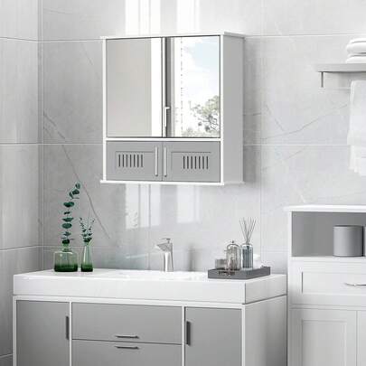  Kleankin Bathroom Mirror Cabinet, Wall Mounted Storage Cupboard With Double Doors And Adjustable Shelf, Bathroom Organizer, Grey