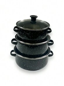 Set Of 3 Pewter Pots With Lids Various Sizes - 黑色 - 查看 3