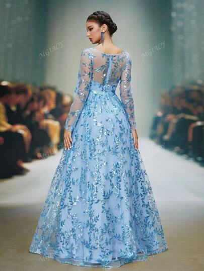 Mgiacy New Arrival V Neck Sequin See-Through 2 In 1 Long Sleeve Cocktail Party Long Dress, Wedding Guest Dress