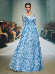 Elisanya Mgiacy 新品 V 领亮片透视二合一长袖鸡尾酒会长裙，婚礼宾客礼服 - 藍色 - 查看 7