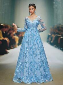 Elisanya Mgiacy 新品 V 领亮片透视二合一长袖鸡尾酒会长裙，婚礼宾客礼服 - 藍色 - 查看 5