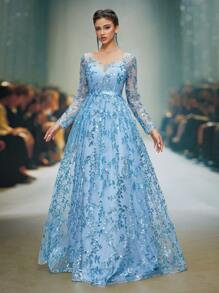 Elisanya Mgiacy 新品 V 领亮片透视二合一长袖鸡尾酒会长裙，婚礼宾客礼服 - 藍色 - 查看 3