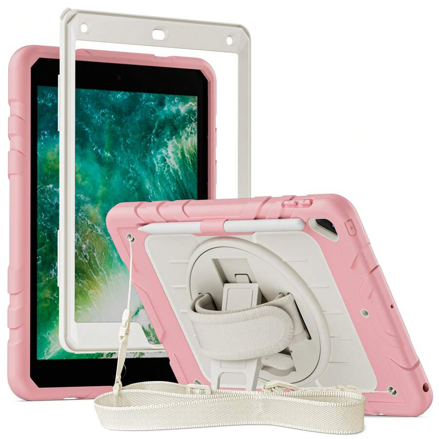 1 Ốp lưng tương thích với iPad Air4/5 Gen 10.9''/11'' thế hệ thứ 1/2/3/4, 10/9/8/7/6/5''/ 9.7'', Ốp lưng chống sốc có ngăn đựng bút chì [Dây đeo tay xoay 360°] & Chân đế, Ốp lưng tương thích với iPad Mini 6 Mini 7 8.3, iPad Air2/Pro/5/6 9.7, iPad 7/8/9 10.2 (Màu hồng)