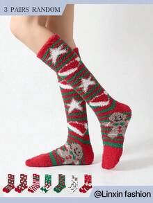 1/3/5/7 Đôi Tất nữ ấm áp dày cao đến đầu gối có họa tiết chấm bi, người tuyết, cây thông Noel, nơ và bánh quy hình ngôi sao, Tất bông cho mùa thu và đông - Nhiều màu - Xem 10