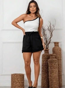 Tank Top Mule Manca One Shoulder One Shoulder No Manca Ribbed BLACK WHITE Basic Bicolor Feminine Foreign Fashion RIBBED RIBANA OLD MONEY TAILORING BASIC ELEGANT - 白色雙色 - 查看 8