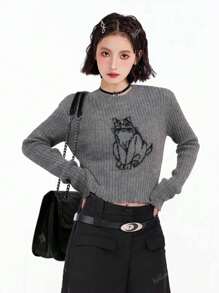 Jersey de punto de manga larga con estampado de gato gris para mujer, jersey corto ajustado y de cuello redondo de moda, para otoño e invierno, tops de manga larga