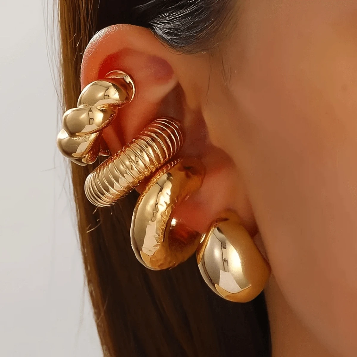 Bộ 5 bông tai họa tiết hình học rỗng cho nữ, phong cách cá nhân hóa phóng đại để đeo hàng ngày, quà tặng tiệc - Vàng - Xem 1