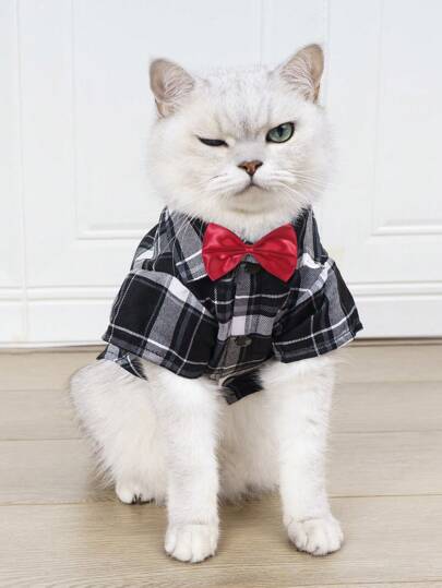 1 peça Camisa para Animal de Estimação Xadrez Preto e Branco com Gravata Borboleta Vermelha para Traje de Casamento de Cães ou Gatos para Ambiente Interno/Externo