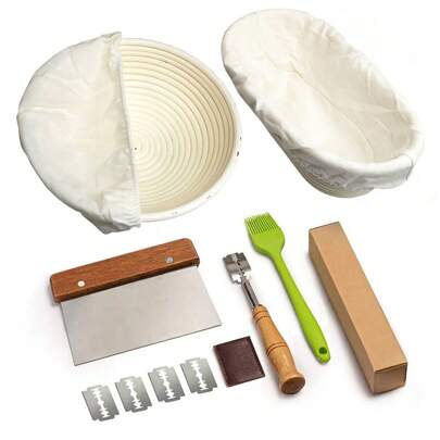 藤条面包发酵篮套装 - 2 包内衬、8 英寸圆形和 10 英寸椭圆形发酵篮、5 个面包刀片、面团刮刀、硅胶涂油刷 - 发酵烘焙工具、家庭烘焙师