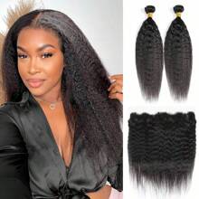 Kinky Straight Bundles With Frontal Brazilian Human Hair Unprocessed 9A Yaki Straight Virgin Hair 3 Bundles With 13x4 Lace Frontal Ear To Ear Remy Hair Extensions Natural Color - Natural Black - Xem 1