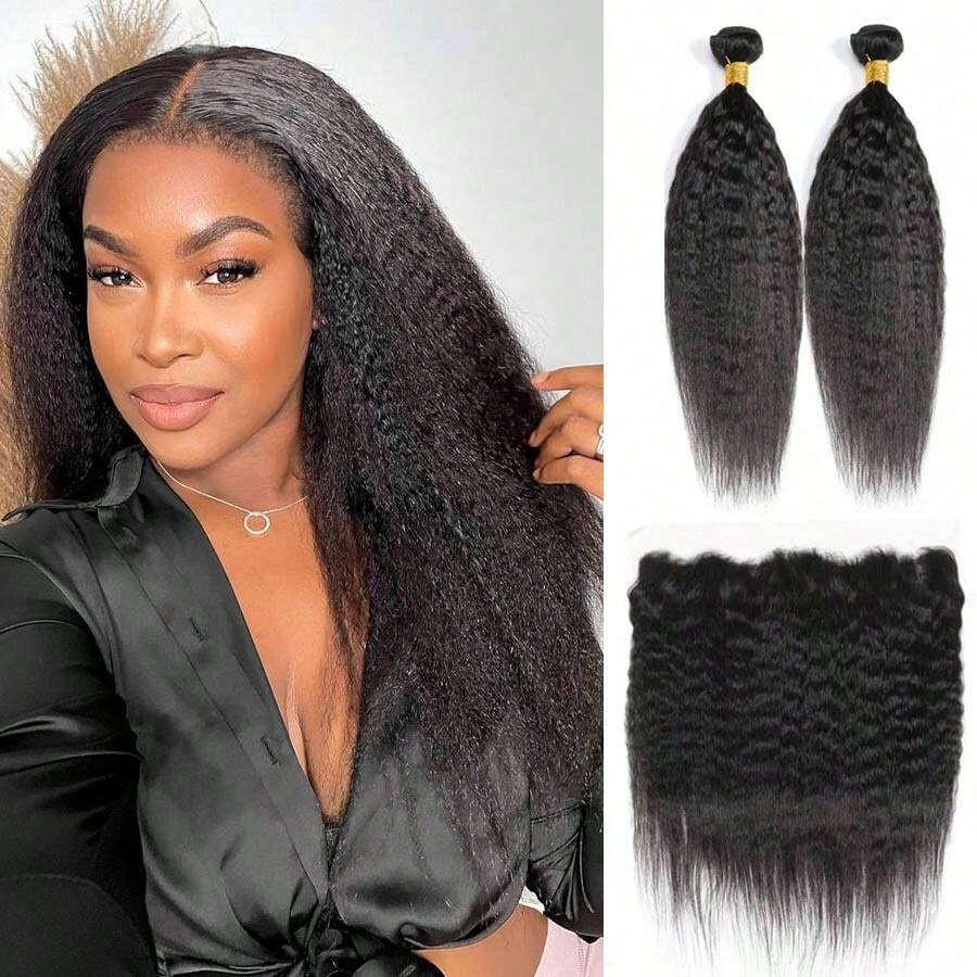 Kinky Straight Bundles With Frontal Brazilian Human Hair Unprocessed 9A Yaki Straight Virgin Hair 3 Bundles With 13x4 Lace Frontal Ear To Ear Remy Hair Extensions Natural Color - Natural Black - Xem 1