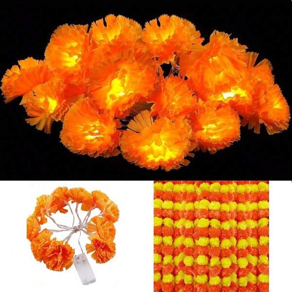 1pc 1.5M/4.92Ft Marigold Garland With Lights, Flower LED String Lights, Perfect For Halloween, Easter, Diwali, Wedding, Home, Room, Fireplace, Staircase, Door, Festival, Day Of The Dead, Parties Decoration - Powered By Battery Box(WITHOUT BATTERIES) Halloween Decoration Room Decor Halloween Garden Decor For Gift Fairy Holiday Decor Festival Decor