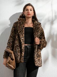 RELISH NOLESS Leopard Print Fluffy Lining Long Sleeve Jacket, Winter - Multicolor - View 4