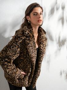 RELISH NOLESS Leopard Print Fluffy Lining Long Sleeve Jacket, Winter - Multicolor - View 3