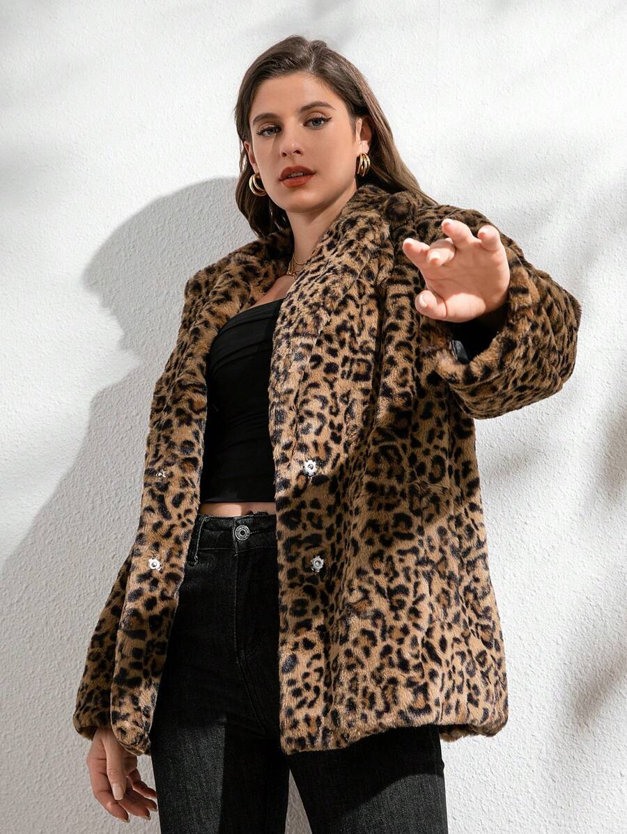RELISH NOLESS Leopard Print Fluffy Lining Long Sleeve Jacket, Winter - Multicolor - View 1