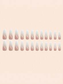 24 件棺材形状按压指甲套装可立即提升您的外观，简约时尚粉色渐变假指甲，全覆盖假指甲，适合女性和女孩，包括 1 张粘合片和 1 件迷你锉刀条果冻凝胶，随机发货 - 粉色 - 查看 3