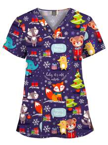 美容制服女士牙医印花工作服上衣宠物美容制服实验室药房短袖衬衫，圣诞节 - 彩色 - 查看 1