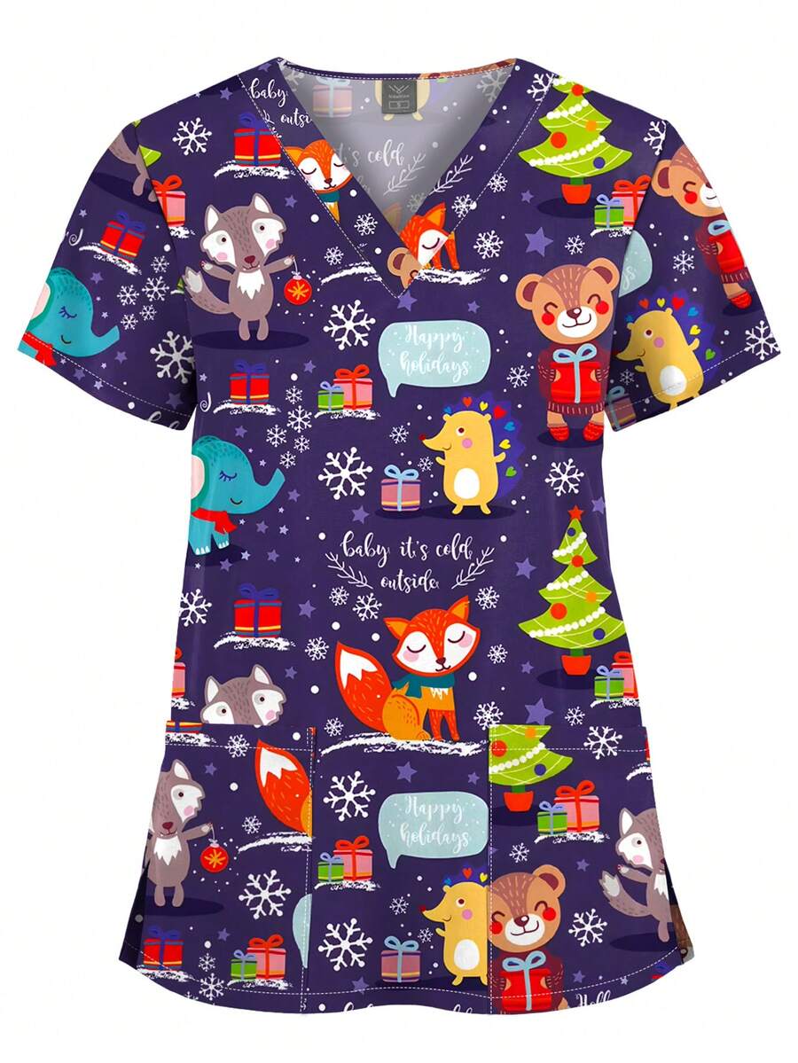 美容制服女士牙医印花工作服上衣宠物美容制服实验室药房短袖衬衫，圣诞节 - 彩色 - 查看 1