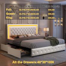Queen LED Smart Bed Frame With 4 Storage Drawers Adjustable Headboard With Smart Control RGBW LED, Whisper-Quiet Design, Upholstered Bed Wood Slats Support, No Box Spring Needed, PU Black - Da PU màu trắng - Xem 5