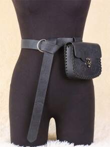 2件套维京骑士腰带，奇幻角色扮演腰包，中世纪文艺复兴维京市场LARP万圣节服装道具 - 黑色 - 查看 1