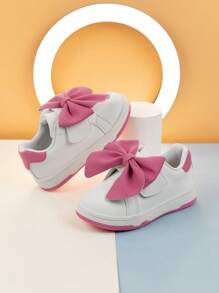 1 Pair Girls Pink Bow Decor Casual Lightweight Non-Slip Sports Shoes, Comfortable Flat Shoes For Kids All Seasons