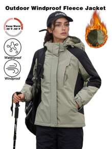 Damen Outdoor Fleece Jacke mit Polsterung, wind- und wasserdicht, warme Fleece Skijacke, Mountain Windbreaker mit Kapuze, Multitaschen
