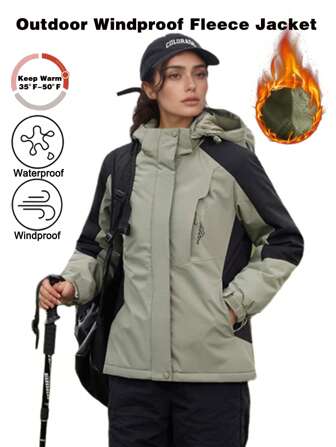 Women's Outdoor Fleece Padded Jacket Windproof & Waterproof Warm Fleece Winter Ski Jacket Mountain Windbreaker Hooded Jacket Multi Pocket