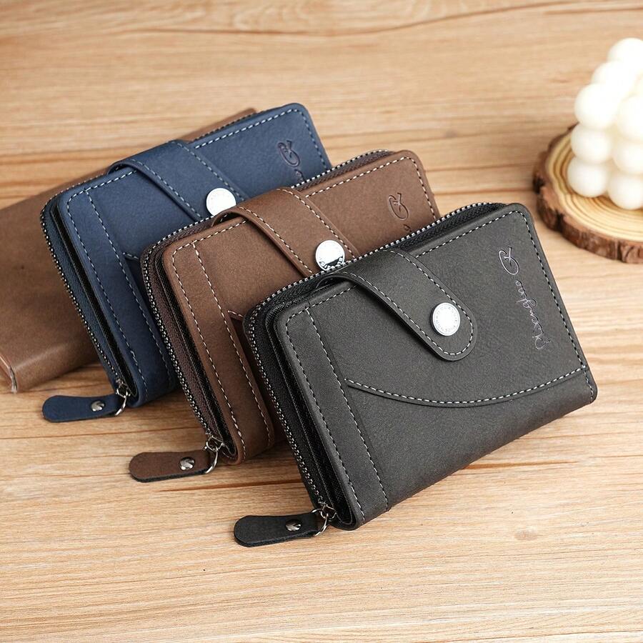 CarrKen 新款男士多功能短扣钱包年轻时尚休闲双折多卡槽拉链零钱包男士生日圣诞礼物感恩节复古 - 棕色 - 查看 1