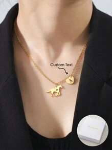 个性化创意小众马和侧心形铭牌吊坠，不锈钢定制项链 - 彩色 - 查看 1