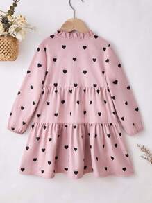 1pc Young Girl Casual Comfortable Pink Heart Pattern Crew Neck Long Sleeve Dress, Autumn/Winter