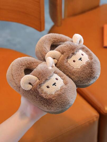 1 Pair Boys Toddler Slippers, Cartoon Fluffy Closed-Toe Indoor House Slippers With Arch Support, Warm For Winter
