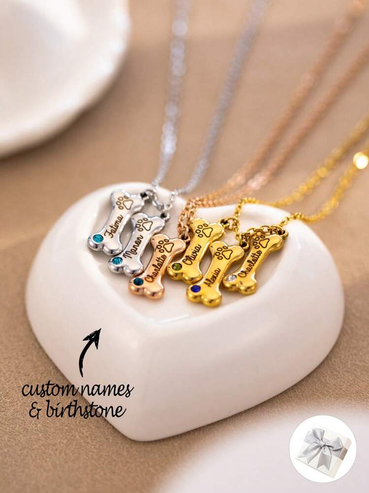 1pc Engraved Dog Bone Name Necklace With Birthstone Customized Pet Family Multi Name Pendant Personalized Dog Paw Memorial Necklace Friendship Necklace Gift For Her Valentine s Day Gift Christmas Gift...