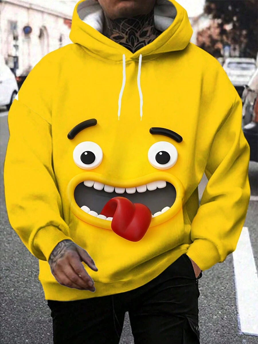 加大码男士3D卡通印花抽绳卫衣，带口袋，前后均有图案设计 - 黃色 - 查看 1