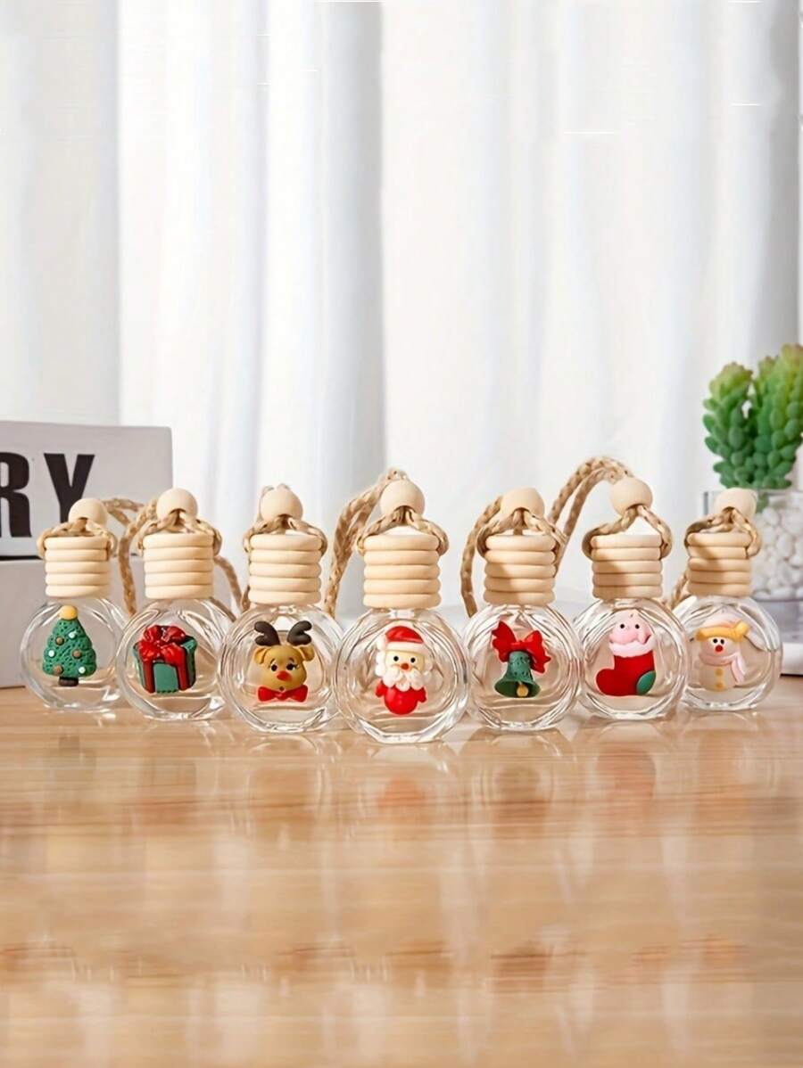 1/7件装玻璃圣诞汽车装饰：节日迷你瓶，带木盖和流苏 - 适合汽车或家居装饰 - 无异味圣诞装饰品，房间装饰，冬季圣诞装饰，家居圣诞礼物，圣诞装饰