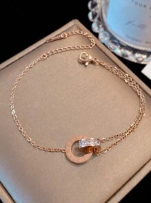 VceTd 1 件不锈钢双环手链，镶嵌锆石，适合日常佩戴 - 玫瑰金 - 查看 4